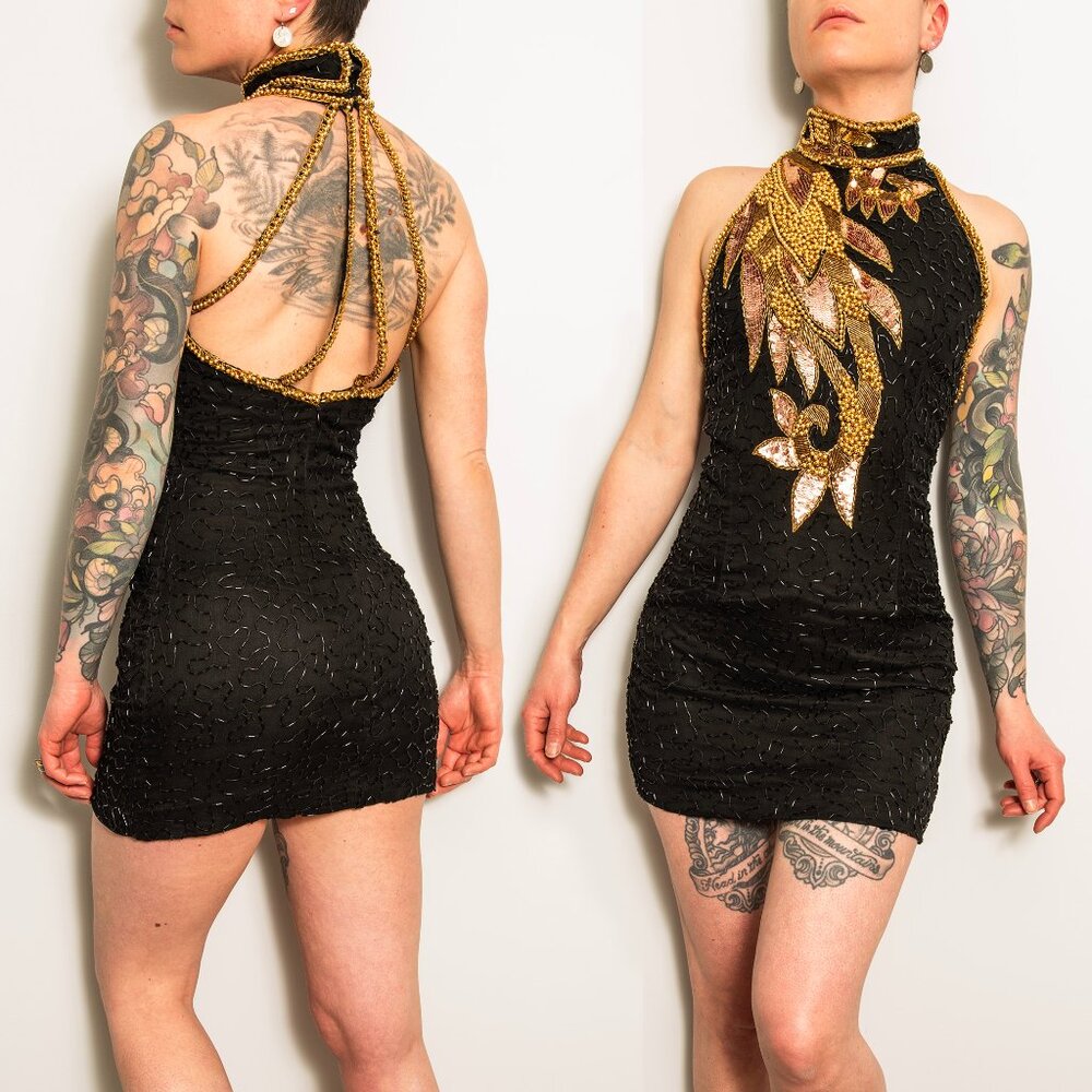 80s Vintage Cage-Back Black Sequin Beaded Mini Dress